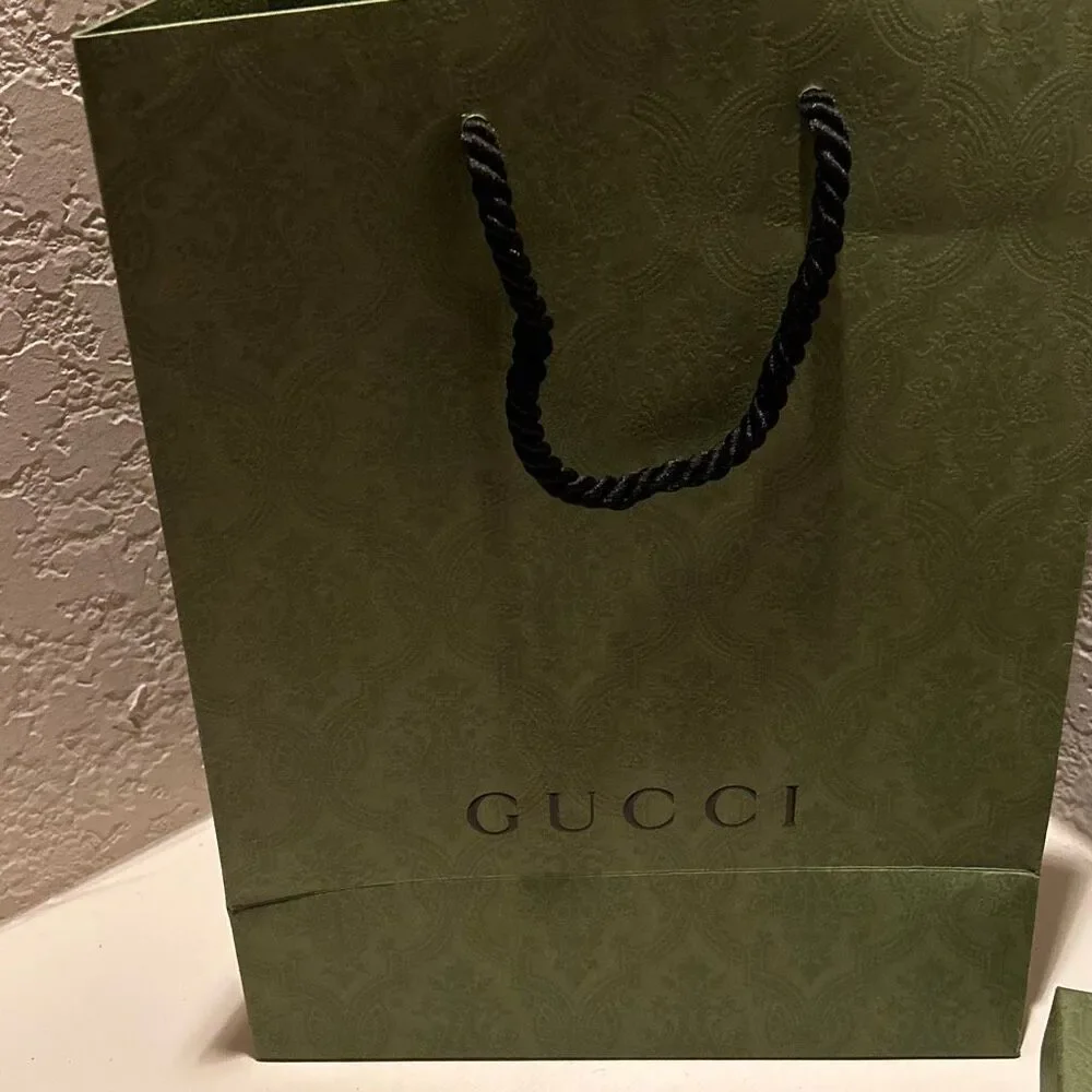 Gucci Shopping Bag Box & Ribbon Olive Green Gift Set Wrapping Small Size